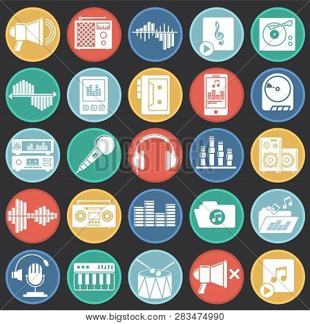 Music And Sound Icons Set On Color Circles Black Background For Graphic And Web Design, Modern Simpl