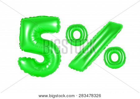 Five 5 Percent From Green Balloons On A White Background. Discounts And Sales, Holidays And Educatio
