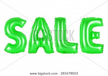 Sale In English Alphabet From Green Balloons On A White Background. Holidays And Education.