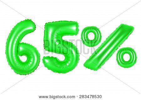 Sixty Five 65 Percent From Green Balloons On A White Background. Discounts And Sales, Holidays And E