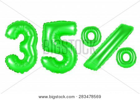 Thirty Five 35 Percent From Green Balloons On A White Background. Discounts And Sales, Holidays And 
