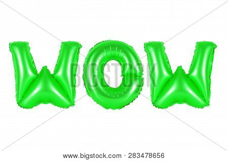 Wow In English Alphabet From Green Balloons On A White Background. Holidays And Education.