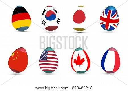Easter Eggs Decorated With A International G8 Flag On A White Background