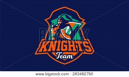 Knight Emblem On Horse. A Warrior Galloping On A Horse, A Knight In Armor. Horseman, Sword, Shield, 