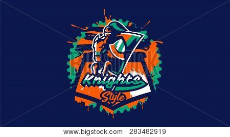 Knight Emblem On Horse. A Warrior Galloping On A Horse, A Knight In Armor. Horseman, Sword, Shield, 