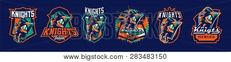 Set Of Emblems Of A Knight On A Horse. A Warrior Galloping On A Horse, A Knight In Armor. Sword Of A