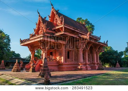 Red Clay Temple - Wat Sila Ngu On Koh Samui Island, Thailand Under Blue Sky