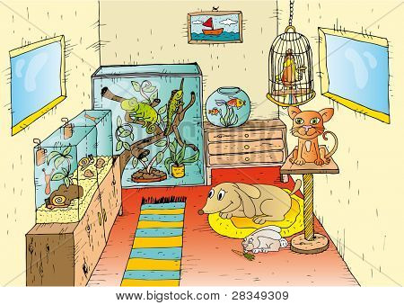 Ilustrace zvířat v zájmovém chovu v místnosti