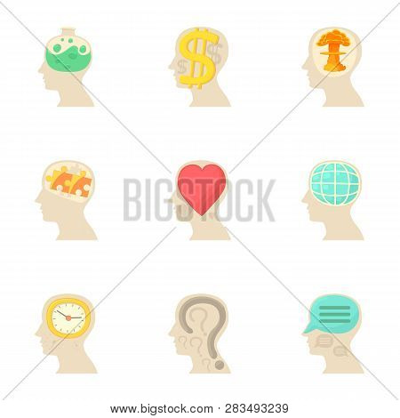 Different Thoughts Inside Man Hea Icons Set. Cartoon Set Of 9 Different Thoughts Inside Man Hea Icon