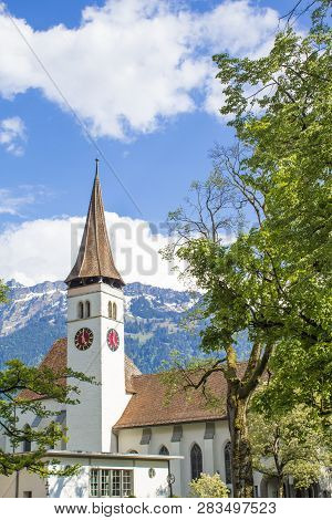 Interlaken Castle Church In Switzerland And The Alps