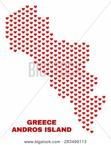 Mosaic Andros Island Of Greece Map Of Love Hearts In Red Color Isolated On A White Background. Regul