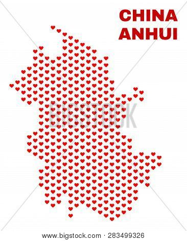 Mosaic Anhui Province Map Of Valentine Hearts In Red Color Isolated On A White Background. Regular R