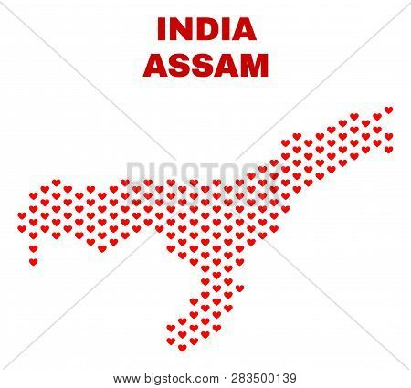 Mosaic Assam State Map Of Heart Hearts In Red Color Isolated On A White Background. Regular Red Hear