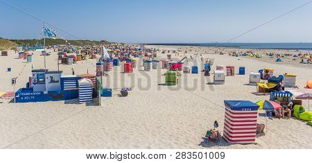 Borkum, Germany - July 25, 2018: Panorama Of Tents And Beach Chairs On Borkum, Germany
