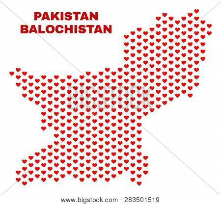 Mosaic Balochistan Province Map Of Heart Hearts In Red Color Isolated On A White Background. Regular