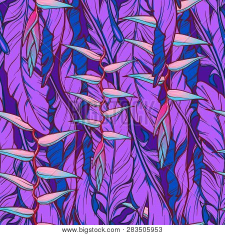 Heliconia Chartacea Flowers On Banana Plant Leavs On A Dark Blue Background. Tropical Jungle. Seamle