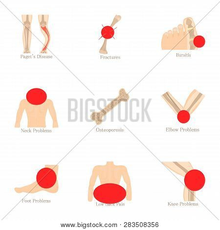Bone Problem Icons Set. Cartoon Set Of 9 Bone Problem Icons For Web Isolated On White Background