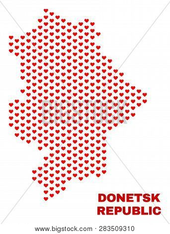 Mosaic Donetsk Republic Map Of Valentine Hearts In Red Color Isolated On A White Background. Regular