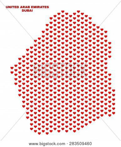Mosaic Dubai Emirate Map Of Valentine Hearts In Red Color Isolated On A White Background. Regular Re