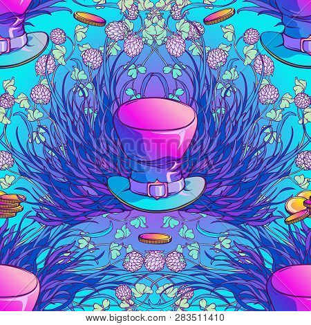 St. Patricks Day Festive Seamless Pattern. Leprechauns Top Hat, Golden Coins Hidden Among White Clov
