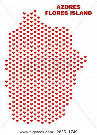 Mosaic Flores Island Of Azores Map Of Valentine Hearts In Red Color Isolated On A White Background. 