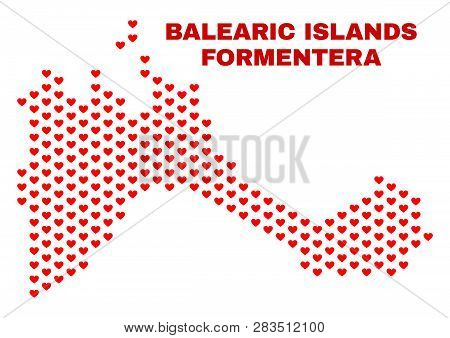 Mosaic Formentera Island Map Of Valentine Hearts In Red Color Isolated On A White Background. Regula