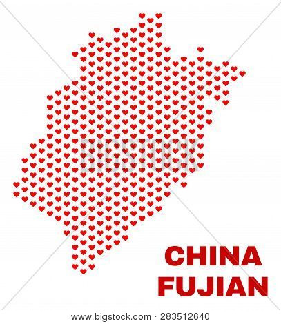 Mosaic Fujian Province Map Of Love Hearts In Red Color Isolated On A White Background. Regular Red H
