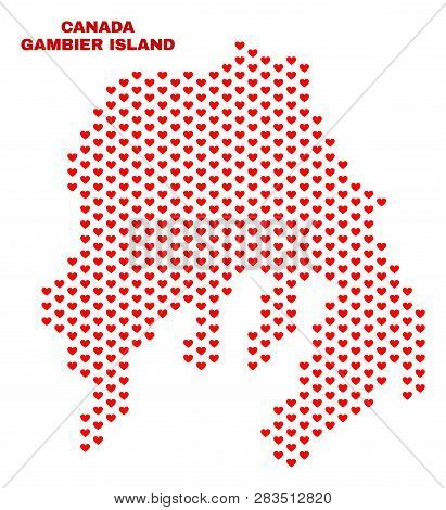 Mosaic Gambier Island Map Of Love Hearts In Red Color Isolated On A White Background. Regular Red He