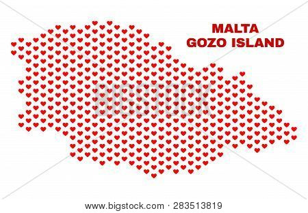 Mosaic Gozo Island Map Of Heart Hearts In Red Color Isolated On A White Background. Regular Red Hear