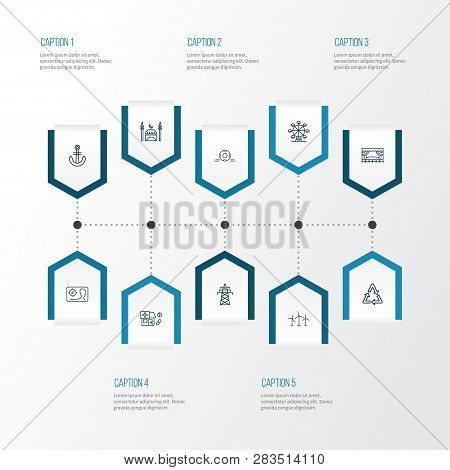 Public. Skyline Icons Line Style Set With Power Tower, Football Ball, Map And Other Naval Elements. 