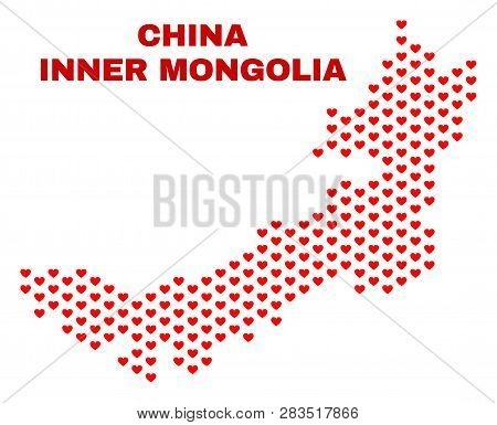 Mosaic Inner Mongolia Map Of Valentine Hearts In Red Color Isolated On A White Background. Regular R