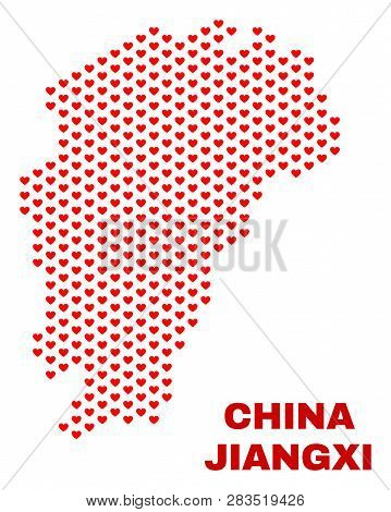 Mosaic Jiangxi Province Map Of Heart Hearts In Red Color Isolated On A White Background. Regular Red
