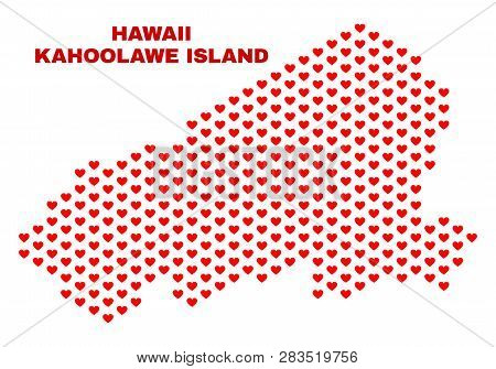 Mosaic Kahoolawe Island Map Of Valentine Hearts In Red Color Isolated On A White Background. Regular