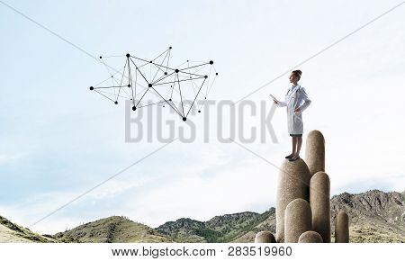 Young Female Doctor With Folder In Hands Satnding On Stone Column. 3d Rendering