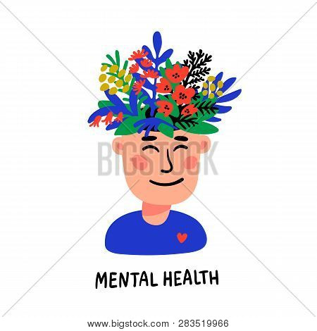Psychology. Mental Health. Man Character With Flower Head. Mental Health Concept, Good Mood, Harmony