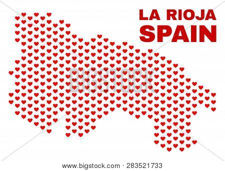 Mosaic La Rioja Of Spain Map Of Valentine Hearts In Red Color Isolated On A White Background. Regula