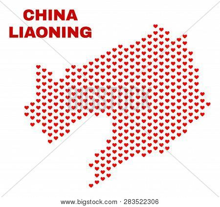 Mosaic Liaoning Province Map Of Valentine Hearts In Red Color Isolated On A White Background. Regula