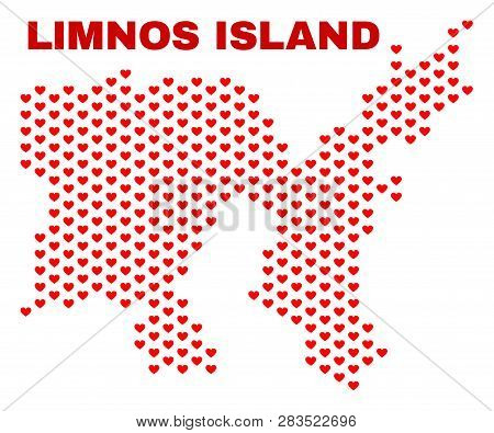 Mosaic Limnos Island Map Of Love Hearts In Red Color Isolated On A White Background. Regular Red Hea