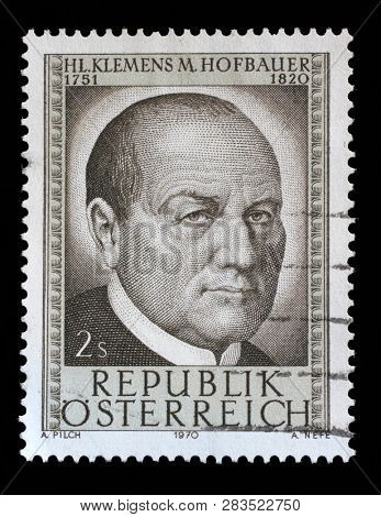 ZAGREB, CROATIA - AUGUST 29, 2014: A stamp issued in the Austria shows 150th Anniversary of the Death of Saint Klemens Maria Hofbauer patron saint of Vienna, circa 1970.