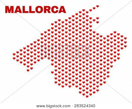 Mosaic Mallorca Map Of Valentine Hearts In Red Color Isolated On A White Background. Regular Red Hea