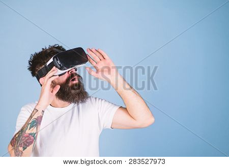 Man With Long Beard In Vr Goggles Amused With New Multidimensional Experience. Hipster With Trendy B