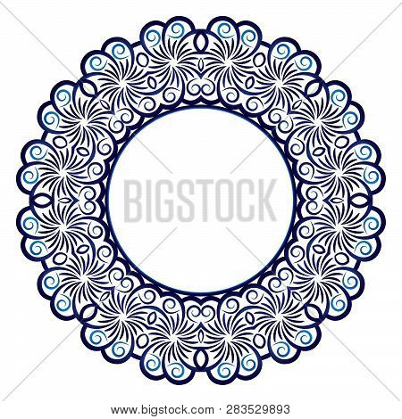 Ceramic Tile Pattern. Decorative Round Ornament. White Background With Art Frame. Islamic, Indian, A