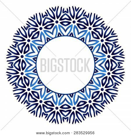 Ceramic Tile Pattern. Decorative Round Ornament. White Background With Art Frame. Islamic, Indian, A