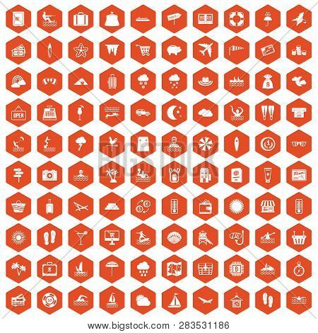 100 Seaside Resort Icons Set In Orange Hexagon Isolated Illustration