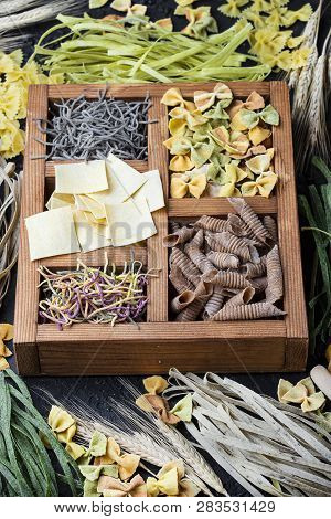 Still Life With Many Different Types Of Homemade Pasta