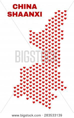 Mosaic Shaanxi Province Map Of Love Hearts In Red Color Isolated On A White Background. Regular Red 