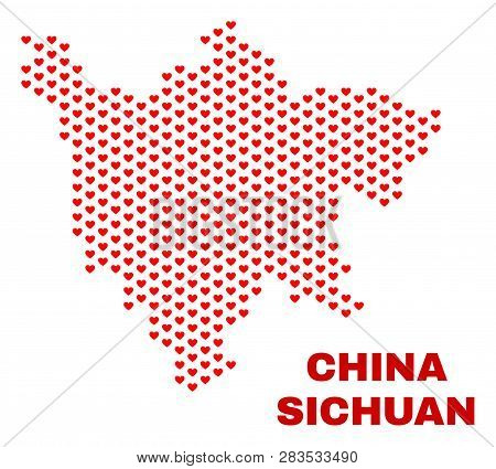 Mosaic Sichuan Province Map Of Valentine Hearts In Red Color Isolated On A White Background. Regular
