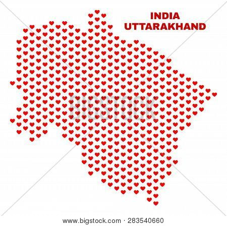 Mosaic Uttarakhand State Map Of Love Hearts In Red Color Isolated On A White Background. Regular Red