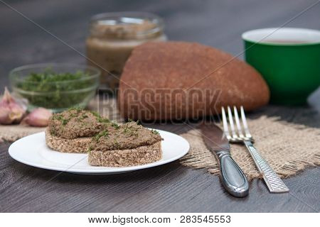 Fresh Homemade Chicken, Pork, Beef Liver Pate Or Paste On Bread On Rustic Background