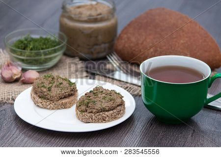 Fresh Homemade Chicken, Pork, Beef Liver Pate Or Paste On Bread On Rustic Background